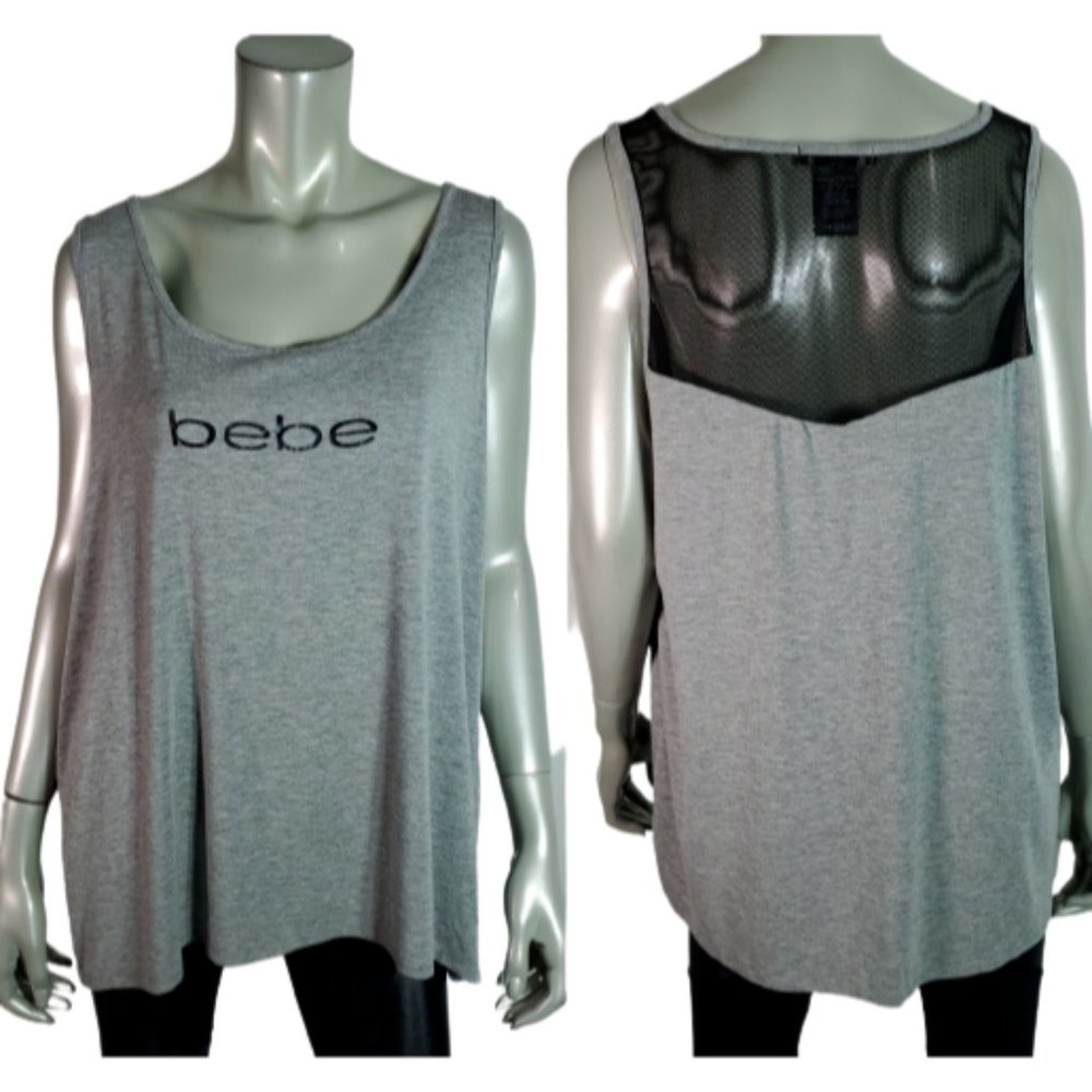 Bebe Top Plus Size1X Mesh Back Stretch Scoop‎ Neck Sleeveless Pullover Gray Tank